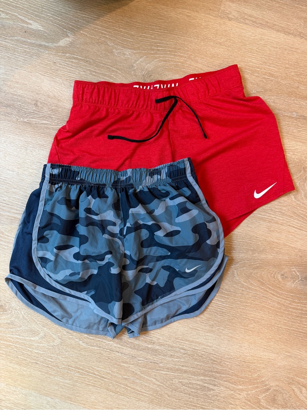 Nike Women's Red Athletic Shorts with Gray Camouflage Pair